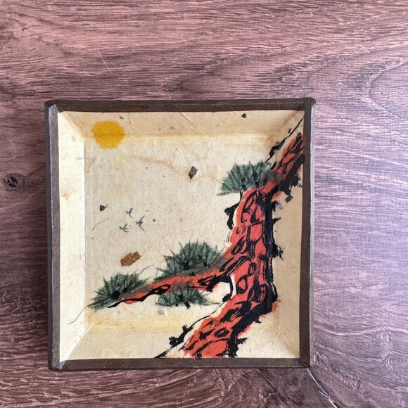 Japanese Paper Mache Tray with Hand Painted Tree and Sun Motif - Picture 1 of 2